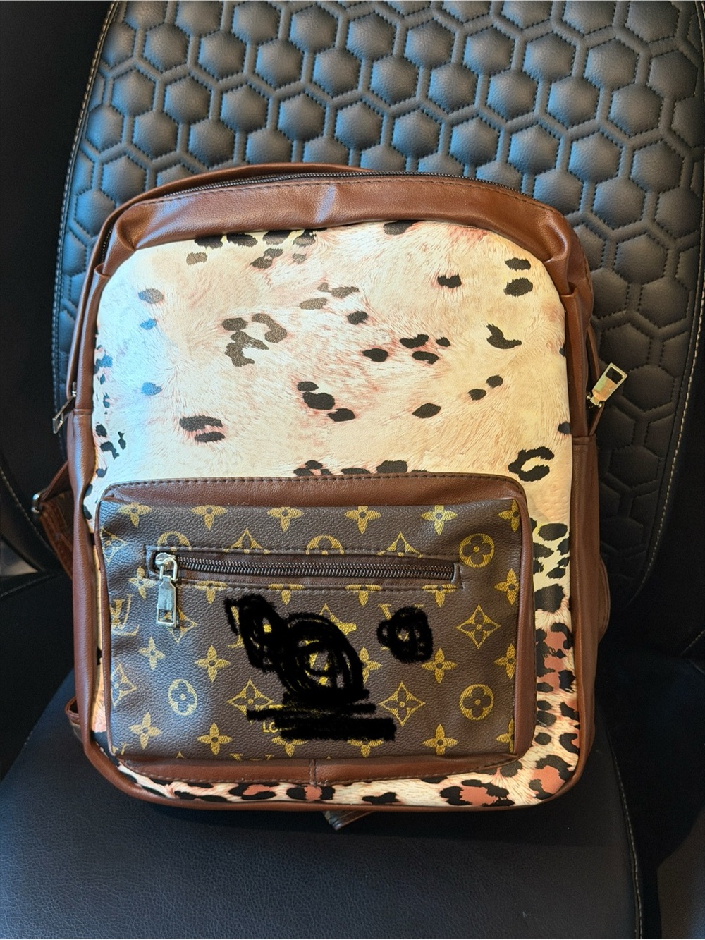 Brown and Cream Animal-Print Backpack